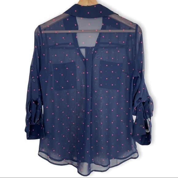 Express Portofino Shirt Semi Sheer Navy Heart Print Button Down - Picture 6 of 8